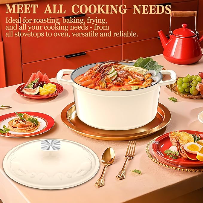 Enameled Cast Iron Dutch Oven - 5QT Dutch Oven Pot with Crab Lid & Oversized Knob & Ergonomic Handles - Heavy Duty Cookware for Braising, Stews, Roasting, Bread Baking - Cream White - Image 7