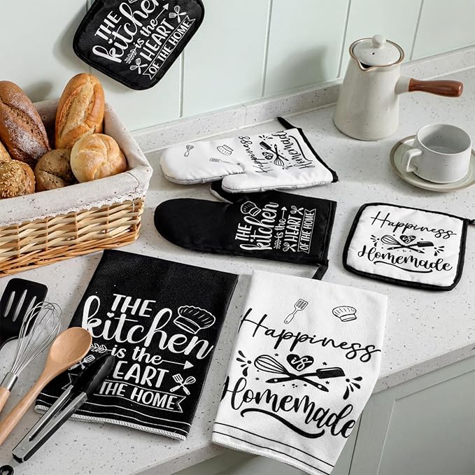 Sratte 6 Pcs Kitchen Decor Accessories Set Farmhouse Towels Pot Holders Oven Mitts Set 2 Dish Towels 2 Potholders 2 Cooking Mittens Oven Glove for Christmas Baking Cooking Supply(White,Kitchen) - Image 7