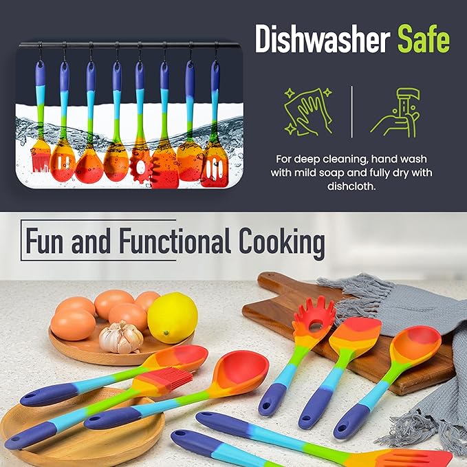 11-Piece Rainbow Silicone Spatula Bundle with Holder & Measuring Spoons β Multicolor Heat-Resistant Cooking Utensils for Nonstick Cookware β Flexible Turner, Spoon, Spatula, Brush, FDA Safe