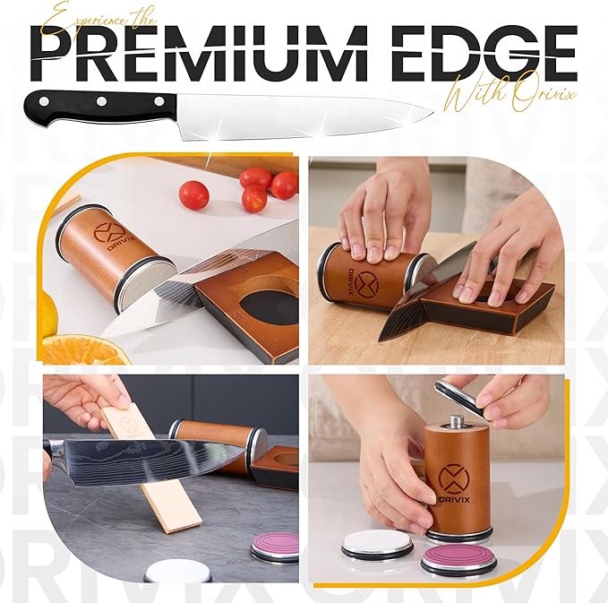 Rolling Knife Sharpener Kit – Magnetic 4-Angle Base, 3.86 Inches Longer Wooden Roller, 4 Grit Discs (1000/400 Diamond & 3000 Maroon / 6000 White Ceramic) and Leather Strop - Image 7