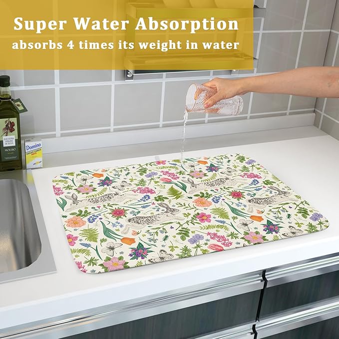 Spring Easter Dish Drying Mat for Kitchen Counter 18x24 Rabbit Bunny Green Pink Floral Vintage Print Absorbent Reversible Microfiber Drying Mats Kitchen Countertop Protector Dishes Drainer Rack Pad - Image 7