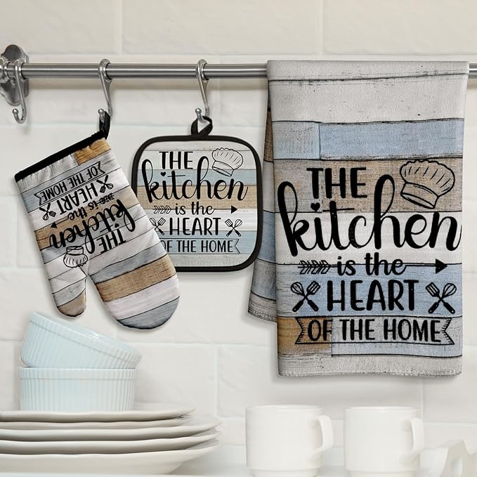 Sratte 6 Pcs Kitchen Decor Accessories Set Farmhouse Towels Pot Holders Oven Mitts Set 2 Dish Towels 2 Potholders 2 Cooking Mittens Oven Glove for Christmas Baking Cooking Supply(Brown Green,Kitchen) - Image 7