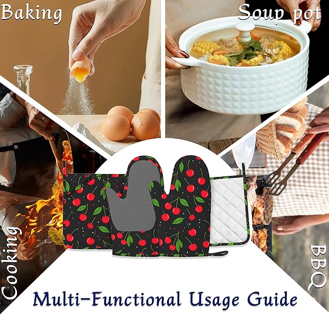Oven Mitts and Pot Holders Sets Red Black Cherry Silicone Kitchen Mits Potholders Tropical Fruit Cherries Heat Resistant 4Pcs Oven Gloves Hot Pads for Baking Cooking BBQ Grilling Home Decor