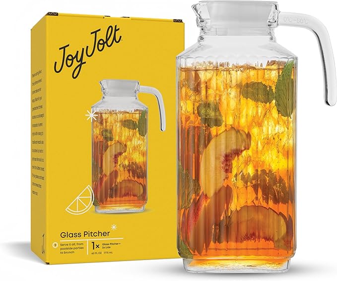 JoyJolt 60oz Glass Pitcher with Lid (2 Lids) - Beverage Serveware and Storage Container for Cold Drinks and Liquids. Juice Container, Water Jug, Fridge Pitcher for Iced Tea or Milk - Image 9