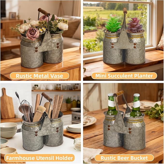 Set of 2 Rustic Galvanized Utensil Holders with Handles, Farmhouse Kitchen Crocks for Spoons, Forks & Knives, Countertop Organizer Buckets for Rustic Farmhouse Decor, 8"x4"x6.75"