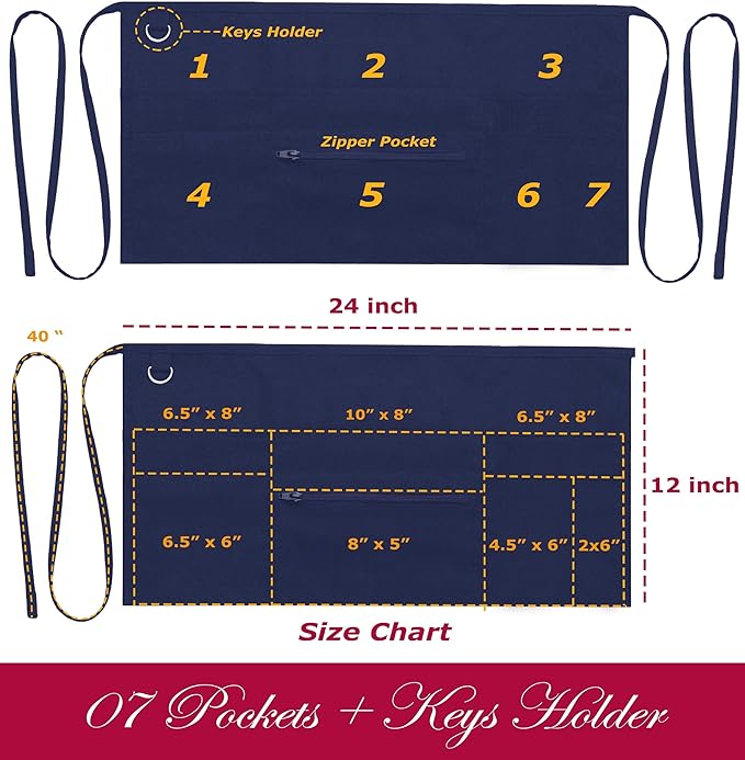 7 Pockets Server Aprons with Zipper Pocket (2 Pack) - Aprons for Women Men - Waiter Waitress Waist Half Apron 24x12