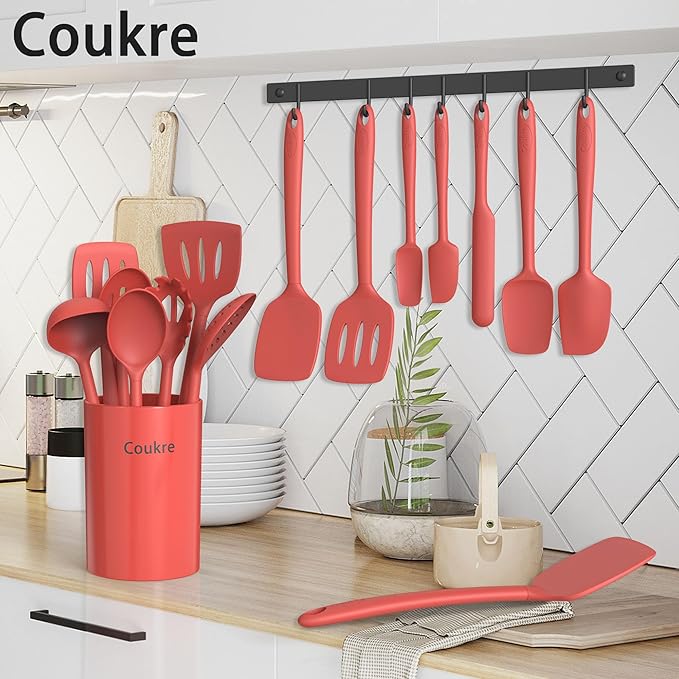 Coukre Silicone Kitchen Cooking Utensils Set with Holder – Heat-Resistant, Food-Grade Kitchen Tools, Spatula, Spoon & Gadgets for Non-Stick Pans, Dishwasher Safe (14, PureRed) - Image 6