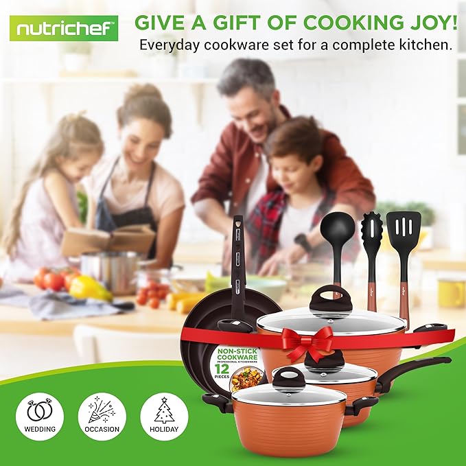 NutriChef Professional 12-Piece Brown Nonstick Cookware - PFOA/PFOS-Free, Heat Resistant Lacquer, Elegant Design, Multi-Sized Pots and Pans - Image 7