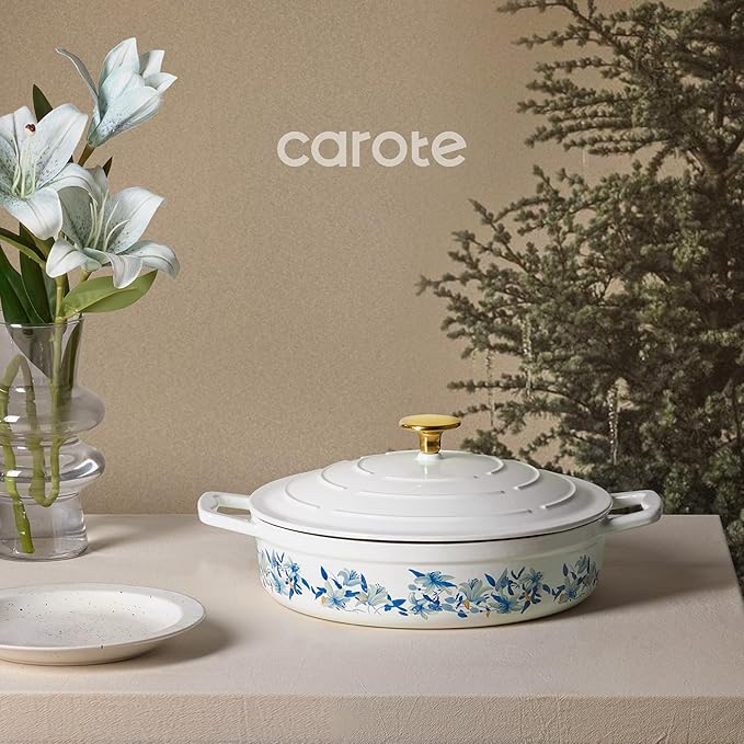 CAROTE 3.5QT Shallow Dutch Oven Enameled Cast Iron Braiser, White & Blue - Image 8
