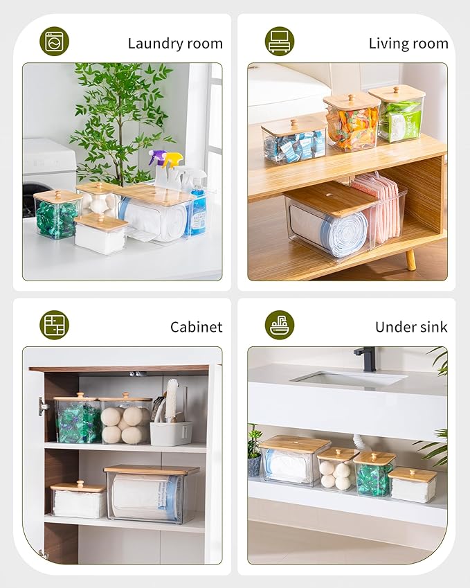 iCASA Trash Bag Dispenser Dishwasher Pod Holder - 5 in 1 Plastic Garbage Bag Under Sink Organizer, Acrylic Dryer Sheet Balls Laundry Pods Container with Bamboo Lid, Pantry Organizers and Storage Box - Image 6