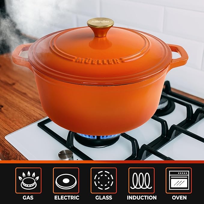 MUELLER HOME 6 Quart Enameled Cast Iron Dutch Oven for Bread Baking, Heavy-Duty Oven-Safe up to 500° F, & Across All Cooktops, House Warming Gifts New Home, Cast Iron Cookware, Gifts for Women, Orange - Image 5