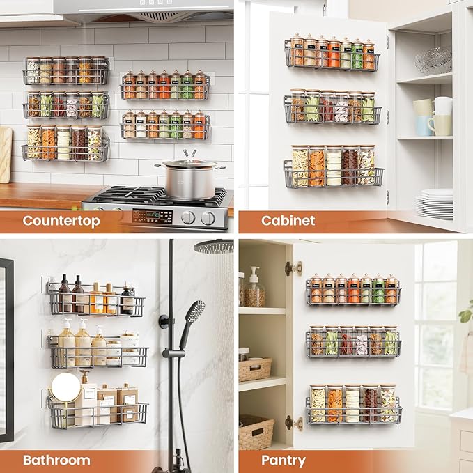 Mystozer 5 Pack Spice Rack Seasoning Organizer Wall Mount, Spice Storage Spice Rack Organizer Pantry Door Organizer Screw or Adhesive Hanging Shelf Basket Spice Organizer Shelf for Kitchen (Gray) - Image 7