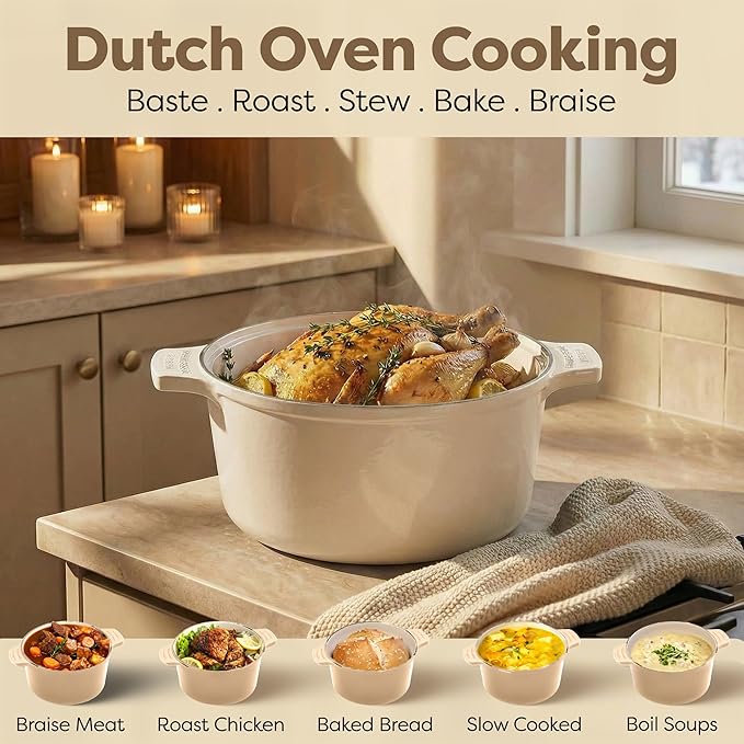 Gotham Steel 5 Qt Dutch Oven Pot with Lid, Nonstick Ceramic Dutch Oven Stock Pot, 10 in 1 Cooking Pot & Dutch Oven for Bread Baking, Lightweight Oven & Dishwasher Safe – Cream - Image 11