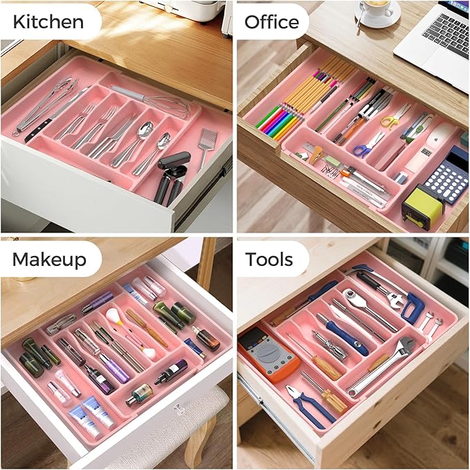 ukeetap Extra Large Expandable Silverware Organizer, BPA-Free Food-Safe Cutlery Flatware Organizer, Kitchen Utensil Drawer Organizer, Adjustable Silverware Holder for Spoons Forks Knives, Pink - Image 8