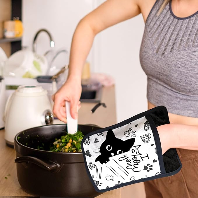 Funny Black Cat Pot Holders with Pockets, Cat Kitchen Decor, Cute Black Kitty Kitten Paw Oven Pot Holders Heat Resistant Oven Mitts Hot Pads for Kitchen Baking Cooking, Set of 2