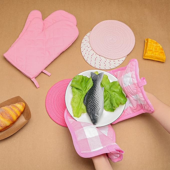Sumind Pink Oven Mitts and Pot Holders 7 Sets, Heat Resistant Kitchen Gloves Pads Potholders for Mother Women Gifts Pot Holders Kitchen Accessories Gift(Pink White,Cotton,Plaid) - Image 6