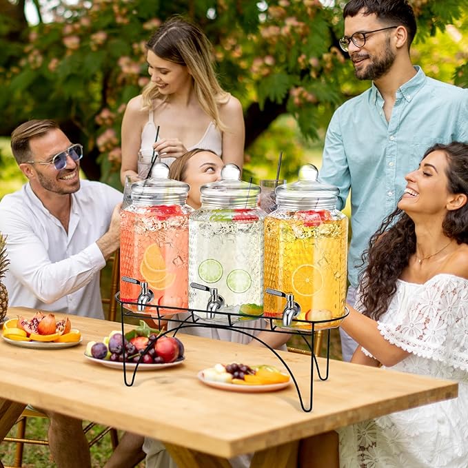 3 Pcs 1 Gallon Beverage Dispensers Glass Drink Dispenser with Stand Large Clear Drink Containers for Parties Glass Jug with Spigot and Lid for Party Bar Juice Lemonade Punch Water Tea
