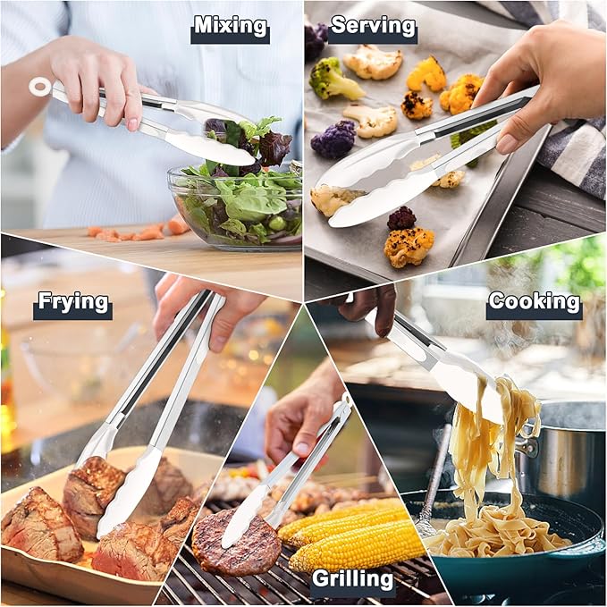 TeamFar Kitchen Tongs, 9" and 12" Stainless Steel Cooking Tongs with Silicone Tips for Cooking Grilling Serving & BBQ, Heat Resistant Silicone Tongs, Locking Design & Dishwasher Safe, Set of 2 & White - Image 7