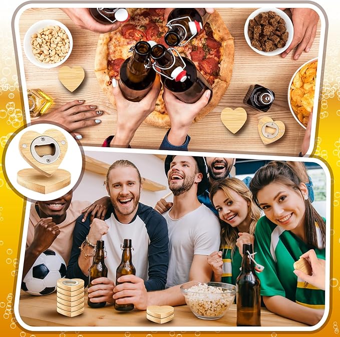Vesici 24 Pcs Magnetic Bottle Opener 2.5in DIY Bamboo Heart Shape Beer Openers Wooden Fridge Magnet Refrigerator Sticker Gift for Beer Lover Wedding Guest Kitchens Bars Parties - Image 7