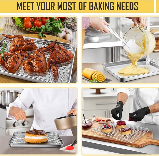12.5 Inch Baking Sheet Pan with Cooling Rack Set, Joyfair Stainless Steel Toaster Oven Tray Pans with Grid Racks, Rectangular Bakeware for Cookie/Bacon, Heavy Duty & Rust-free, Dishwasher Safe