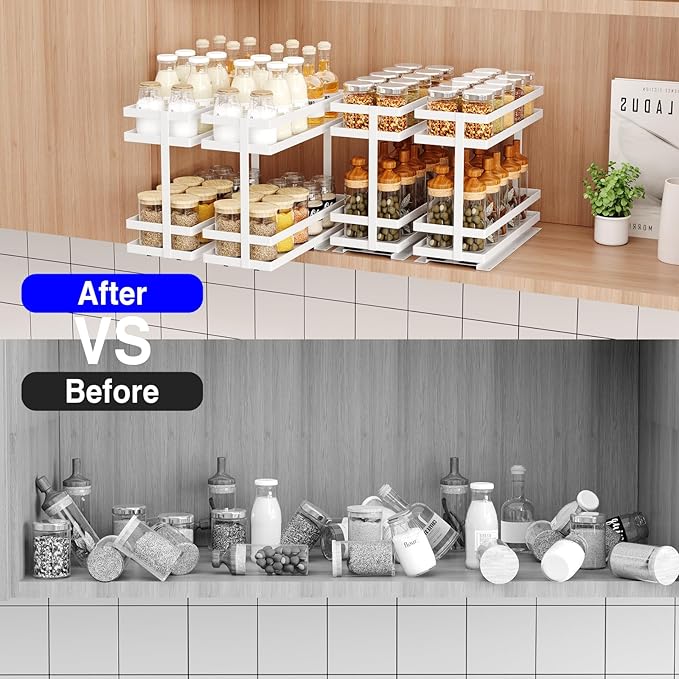 Mustorn 4 Pack Pull Out Spice Rack Organizer for Cabinet, 2 Tier Metal Slide Out Seasoning Organizer and Storage Heavy Duty Vertical Spice Rack Shelf Pullout for Kitchen Cabinets No Drilling (White) - Image 9