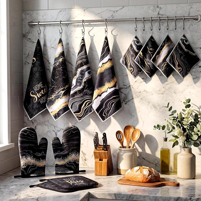 Bencailor 12 Pcs Marble Kitchen Decor and Accessories Sets 4 Black and Gold Marble Kitchen Towels 4 Farmhouse Absorbent Dishcloths 2 Pot Holders 2 Oven Mitts Gloves for Home Decor Mom Gifts