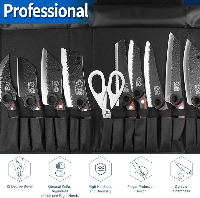 XYJ Professional Kitchen Knife Set with High-Carbon Steel Forged Blades, Chef's Knife, Cleaver, Carving Knife, Nakiri, Full Tang Design, Includes Carrying Bag & Poultry Scissors