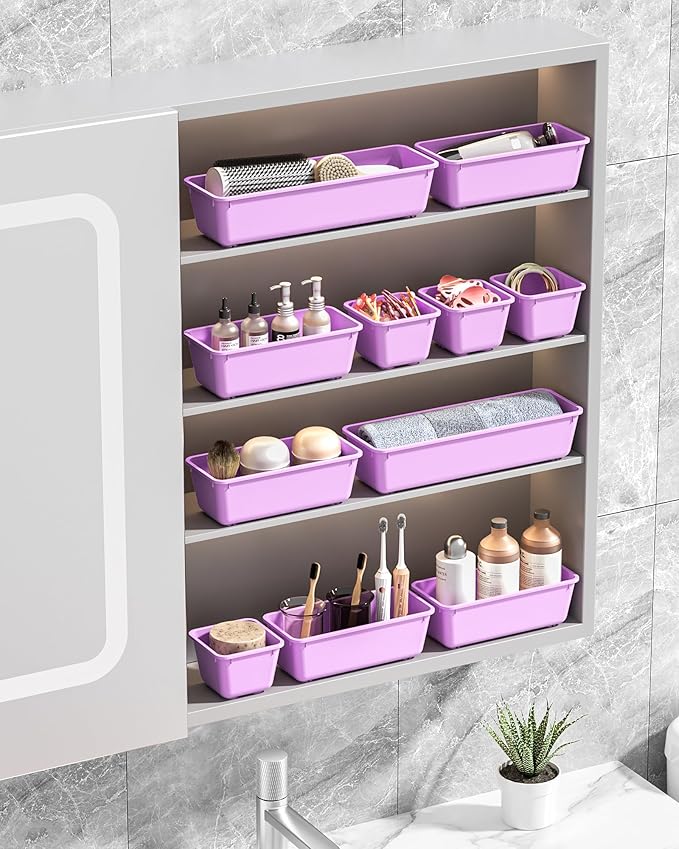 Canfanni 13 Pack Plastic Drawer Organizers Set, 3 Sizes Desk Drawer Organizer Trays for Vanity and Makeup Organizer, Organization and Storage for Makeup, Kitchen Utensils, Bathroom and Office(Purple) - Image 7