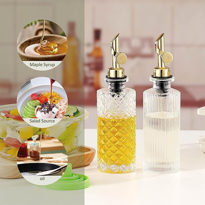 Glass Olive Oil Dispenser Bottle Small, 6.5 Oz/ 200 ml Coffee Simple Syrup Bottles with Black Metal Pour Spout, Funnel, Measuring Cup, Oil and Vinegar Bottle for Kitchen (2 Pack) - Image 7