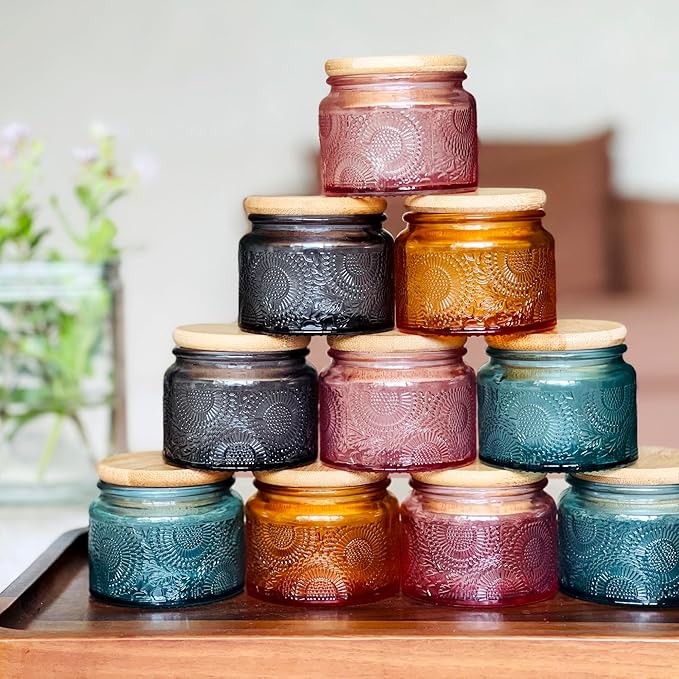 4 oz Colored Mini Glass Jars with Airtight Bamboo Lids 12 pack, Decorative Small Food Storage Canister, Vintage Embossed Home Décor Candle Parties Wedding Baby Shower Favors Gift