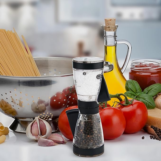 Kamenstein 5117018 One-Handed 2-in-a-1 Dual Salt and Pepper Grinder - Adjustable and Refillable, 8-Inch