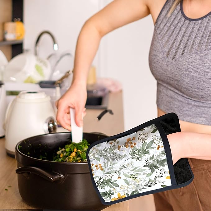 Sage Green Leaf Floral Pot Holders with Pockets, Cottagecore Botanical Flower Oven Pot Holders Heat Resistant Oven Mitts Hot Pads for Kitchen Baking Cooking