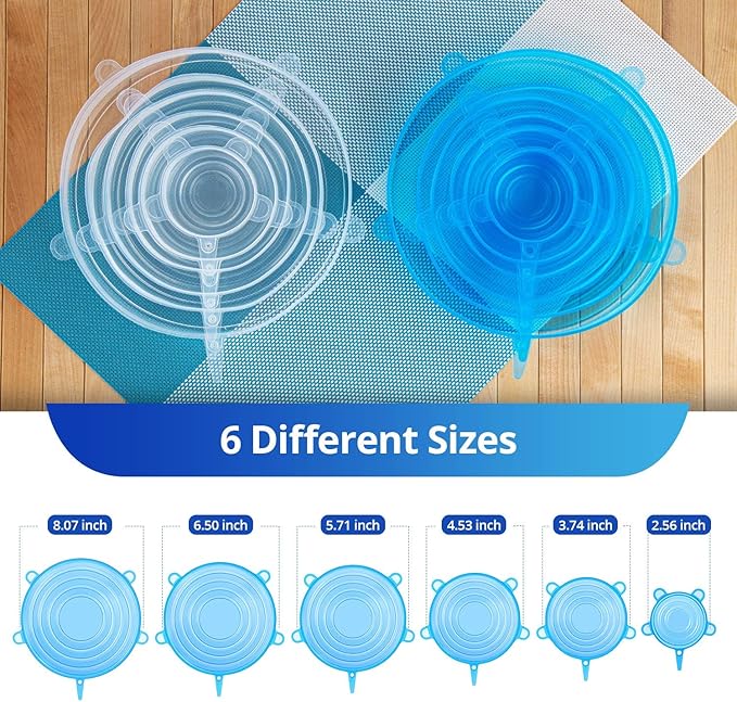 Silicone Stretch Lids, Zero Waste Reusable Silicon Container Lid Covers for Leftover Food Fruit Bowls Pots Cups Jars Dishes, 12PCS