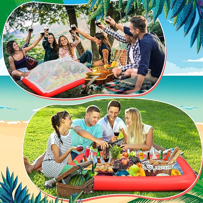 Leitee 3 Pcs Inflatable Serving Bar Kit Includes Salad Buffet Tray with Drain Plug Mesh Food Cover Food Drink Containers and Inflator for Ice Supplies Halloween Party Camping Picnic(Red)