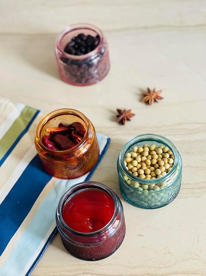 4 oz Blue Mini Glass Jars with Airtight Bamboo Lids 12 pack, Decorative Small Food Storage Canister, Vintage Embossed Home Décor Candle Parties Wedding Baby Shower Favors Gift