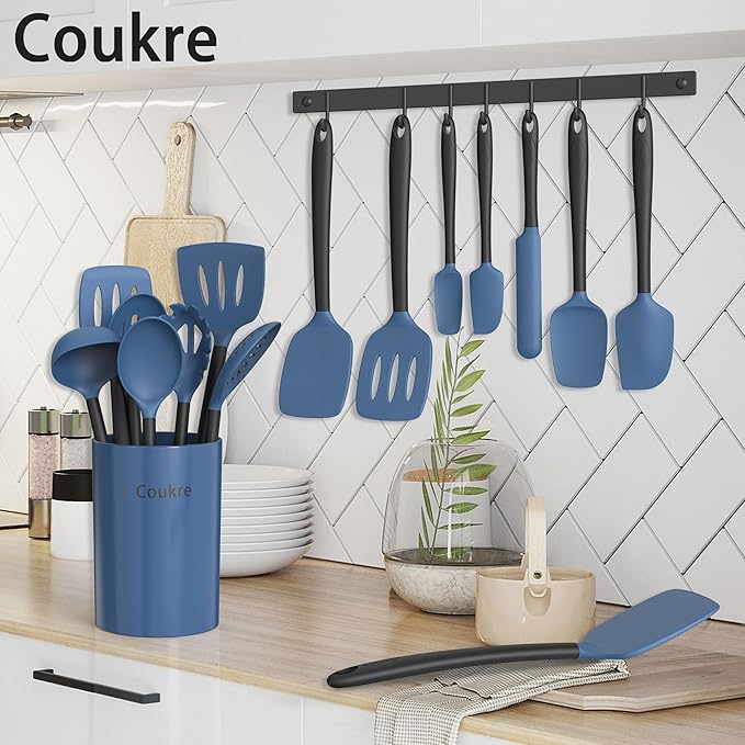 Coukre Silicone Kitchen Cooking Utensils Set with Holder – Heat-Resistant, Food-Grade Kitchen Tools, Spatula, Spoon & Gadgets for Non-Stick Pans, Dishwasher Safe (14, DarkBlue) - Image 6
