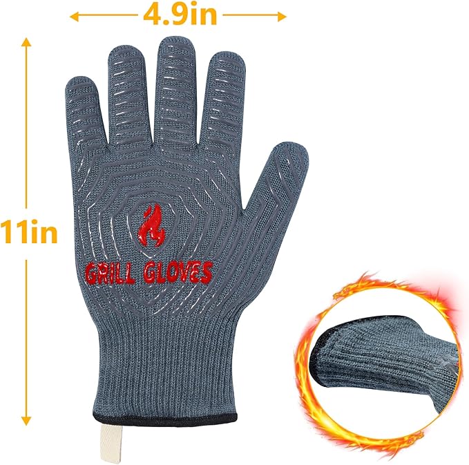 QUWIN BBQ Gloves, Oven Gloves 1472℉ Extreme Heat Resistant, Grilling Gloves Silicone Non-Slip Oven Mitts, Kitchen Gloves for BBQ, Grilling, Cooking, Baking-1 Pair… (Grey, One Size Fits Most) - Image 7