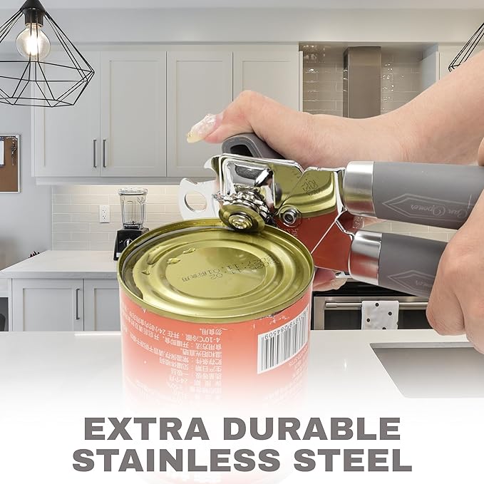 Manual Can Opener with Magnet, Heavy Duty Hand Can and Bottle Opener with Stainless Steel Blade and Rubber Grip, Smooth Cutting Hand Can Openers for Senior, Magnetic Lid Remover Kitchen Tool (Gray)