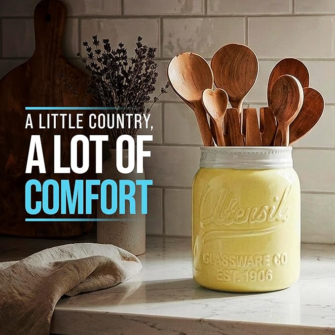 Comfify Wide Mouth Mason Jar Utensil Holder Decorative Kitchenware Organizer Crock, Dishwasher Safe - Kitchen Caddy Green, Large Size 7" High - Yellow - Image 8