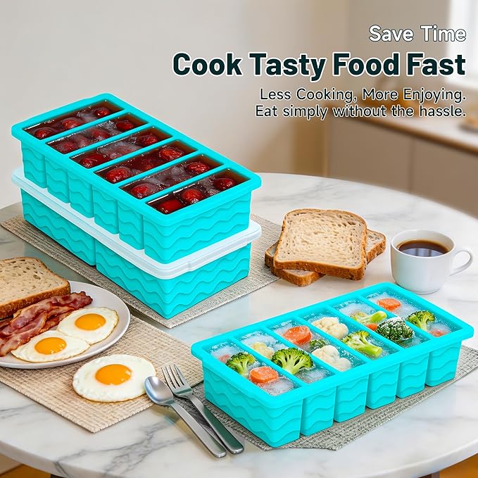 3-Pack Silicone Freezer Trays with Lid, Soup Freezer Container Molds, Silicone Freezer Molds, Ice Cube Tray for freezing Soup Sauce Broth Leftovers, Dishwasher & Oven Safe, BPA Free (1/2-cup,blue)