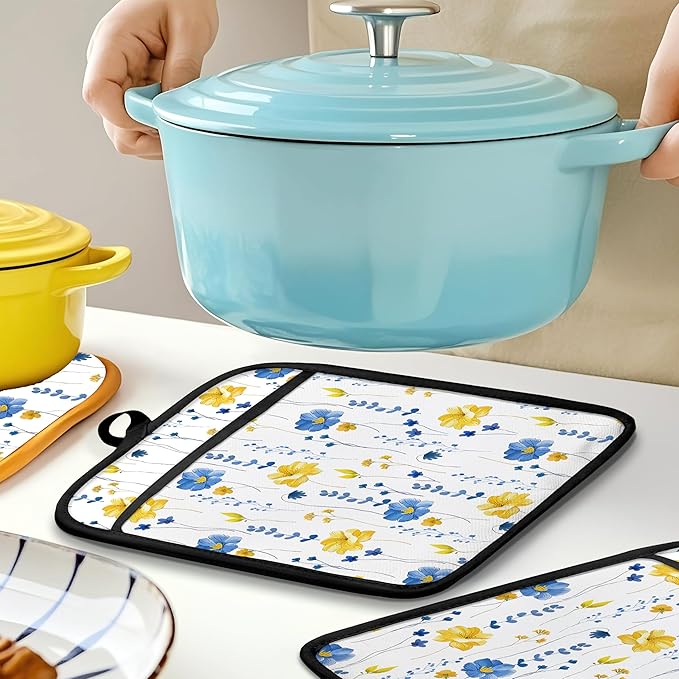 Blue and Yellow Floral Oven Mitts Set, Blue Flower Floral Heat Resistant Kitchen Oven Gloves for Baking and Cooking,Pot Holders - Image 6