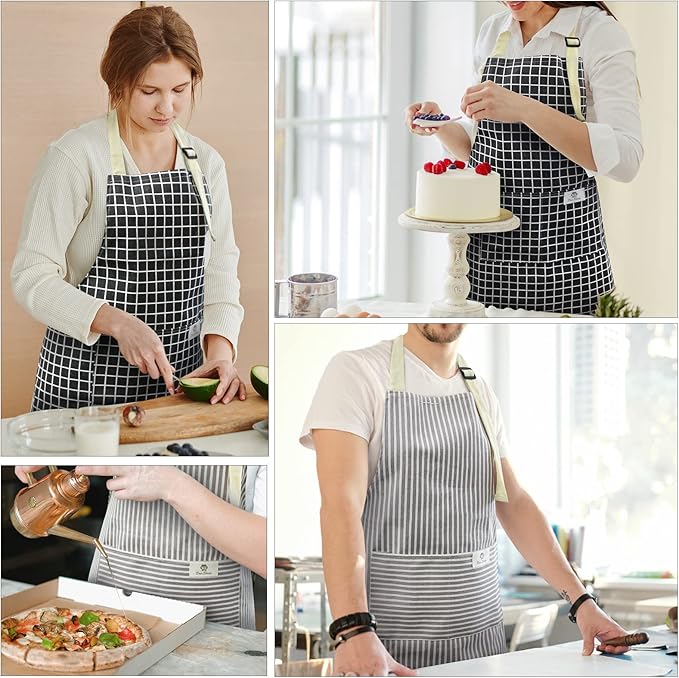 NLUS 2 Pack Kitchen Cooking Aprons, Adjustable Bib Waterproof Chef Apron with 2 Pockets for Men Women(Grey Stripe/Black Plaid) - Image 7