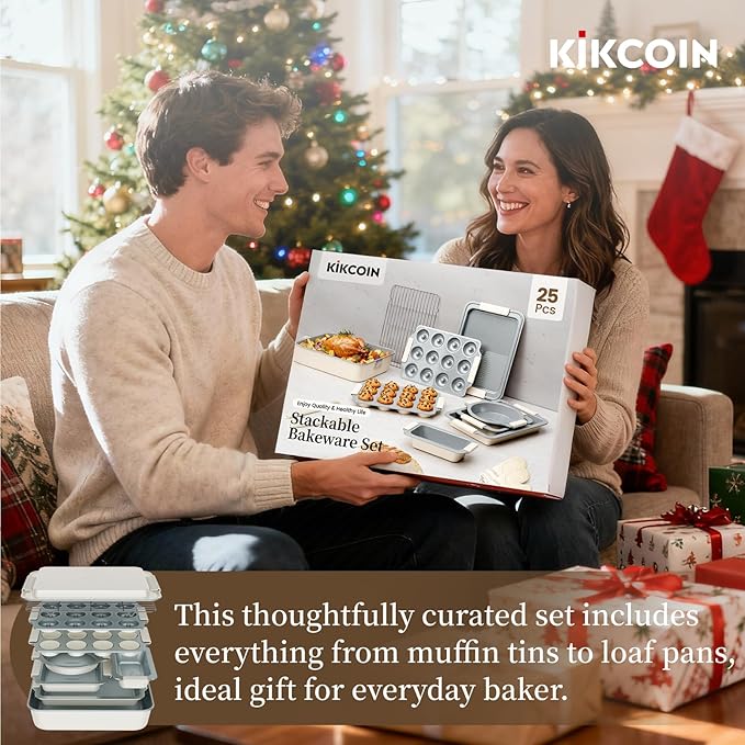 Kikcoin 25 PCS Stackable Baking Pans Set, Non-stick Bakeware Sets with Silicone Handles, 450°F Oven Safe Cookie Sheets for Baking, Easy Release Heavy-duty Baking Sheets Non Stick, Cream - Image 8