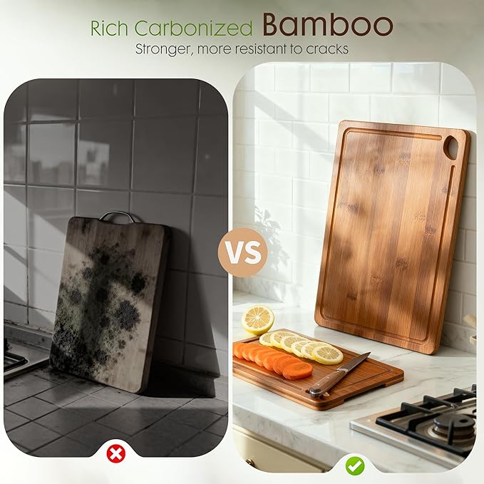Astercook Deep-Carbonized Bamboo Cutting Boards for Kitchen with Wood Storage Stand, Reversible Charcuterie & Chopping Boards with Juice Grooves and Easy-Grip Handles, Mothers Day Gifts - Image 9