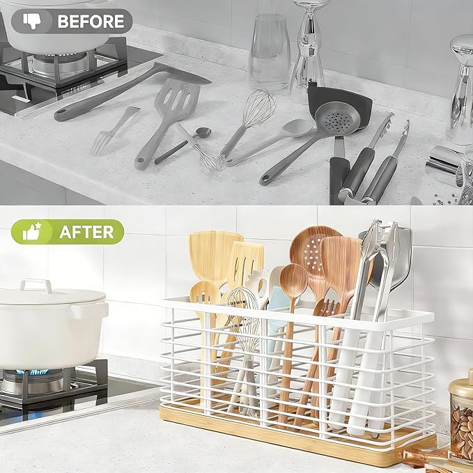 Kitchen Cooking Utensil Holder for Kitchen Counter,4 Large White Compartments with Wooden Base utensil caddy,Rustic Style Utensil Utensil Organizer for Farmhouse Kitchen Countertop