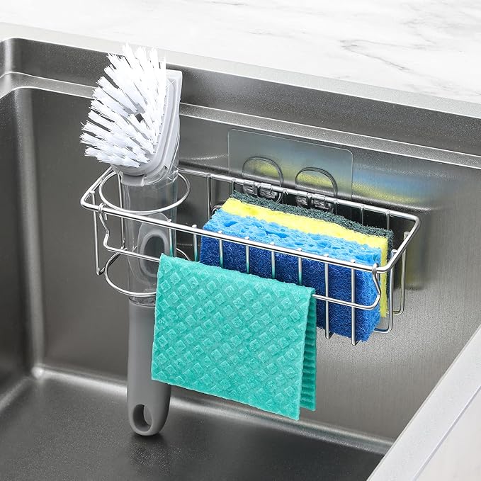 3-In-1 Sponge Holder for Kitchen Sink with Suction Cups & Adhesive Hook , In-sink Sponge Holder, Wall Hanging Sink Caddy Organizer Rack - Sponge, Dish Cloth, Brush, Scrubber - 304 Stainless Steel - Image 9