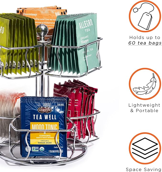 Sorbus Tea Bag Spinning Carousel - Tea Caddy Organizer for Countertop - Matcha Station Accessories - 2 Tier Revolving Storage for Pantry - Holds Up to 60 Large Tea Bags - Image 6