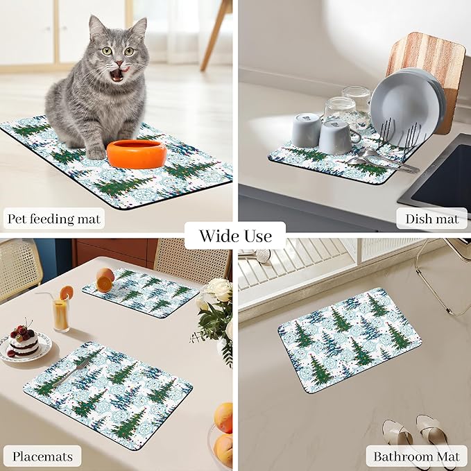 Bloss Christmas Dish Drying Mat, 19x12 Inch Coffee Mat with Christmas Tree + Snowflakes Printed, Drying Matt Kitchen Counter / Bar Mat - Image 7