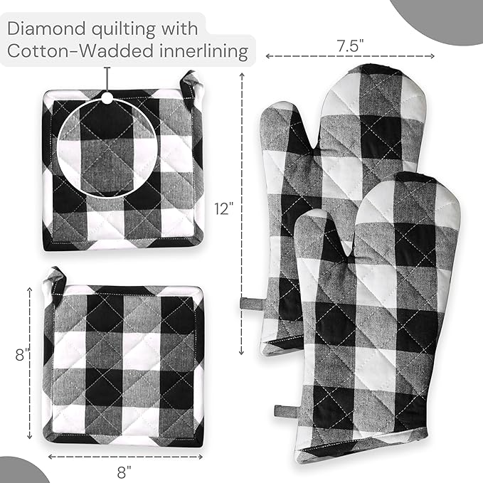 Oven Mitt & Pot Holder Buffalo Plaid Check 100% Cotton Heat Resistant Oven Gloves (7"x13") & Hot Pads (8"x8") Combo for Baking, Cooking - Black