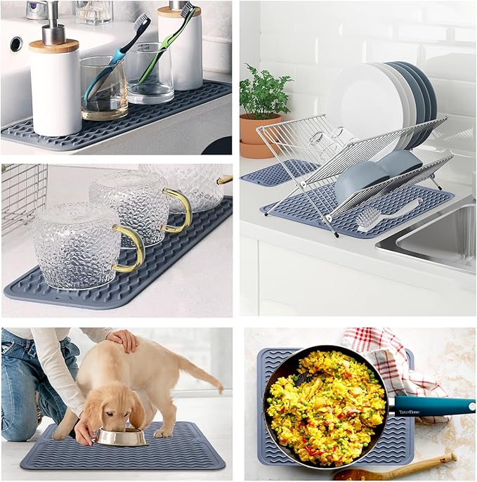 Silicone Dish Drying Mat - 2 Packs of Non-Slip Silicone Mat Easy Clean Drying Mat Large Heat-Resistant Dish Drainer Mat for Kitchen Counter, Sink, Refrigerator or Drawer Liner(16"x12", 12''x 6'' GREY) - Image 7